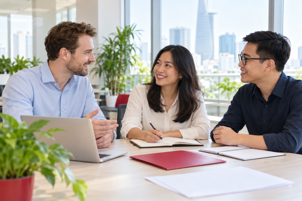 Friendly HR consultation between a foreign manager and Vietnamese colleagues (AI-generated illustration)