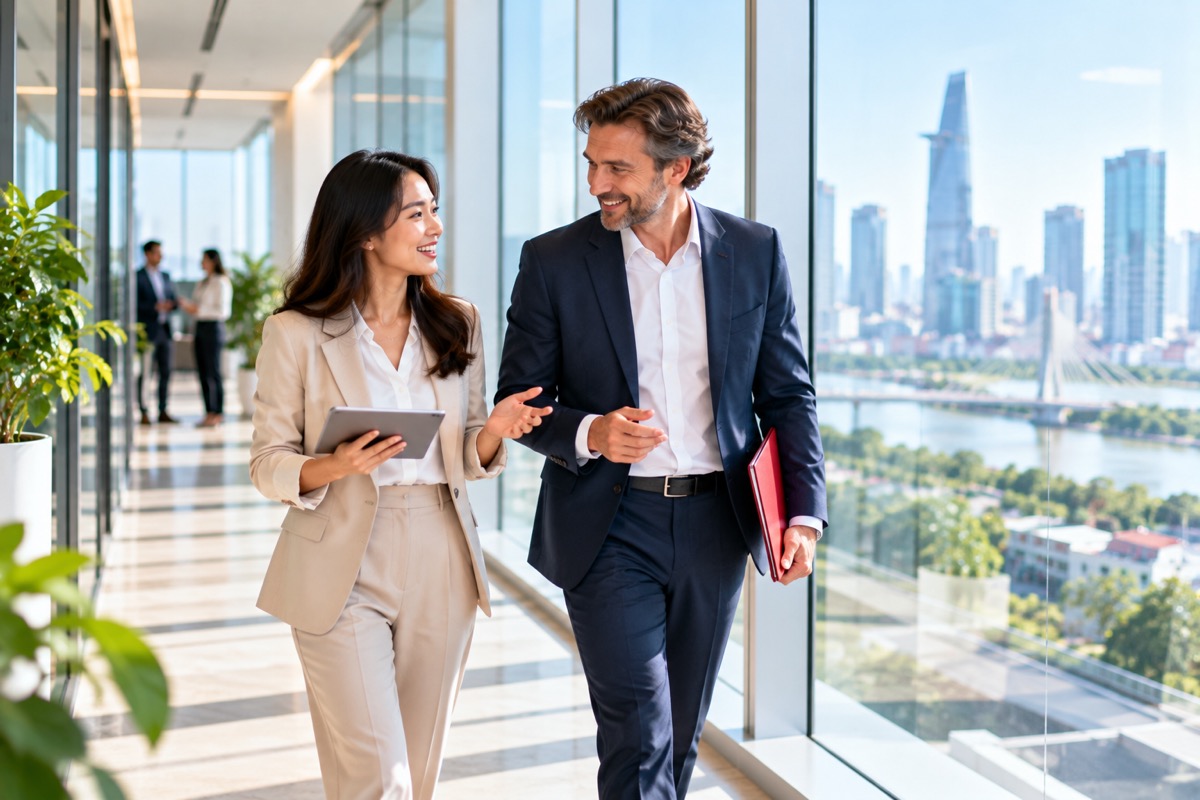 Two M&A advisers in conversation in a glass skybridge overlooking Ho Chi Minh City (AI-generated illustration)
