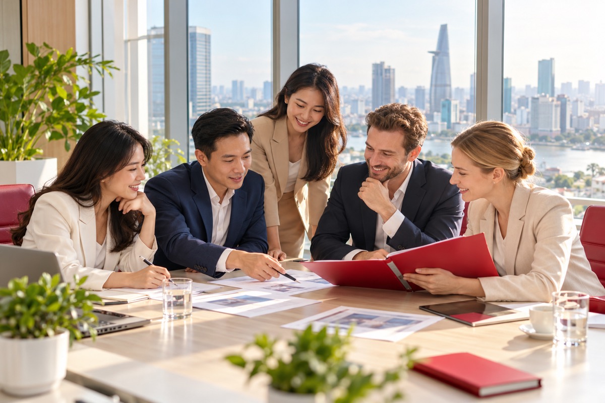 Vietnamese and European teams discussing a joint venture in a bright boardroom (AI-generated illustration)