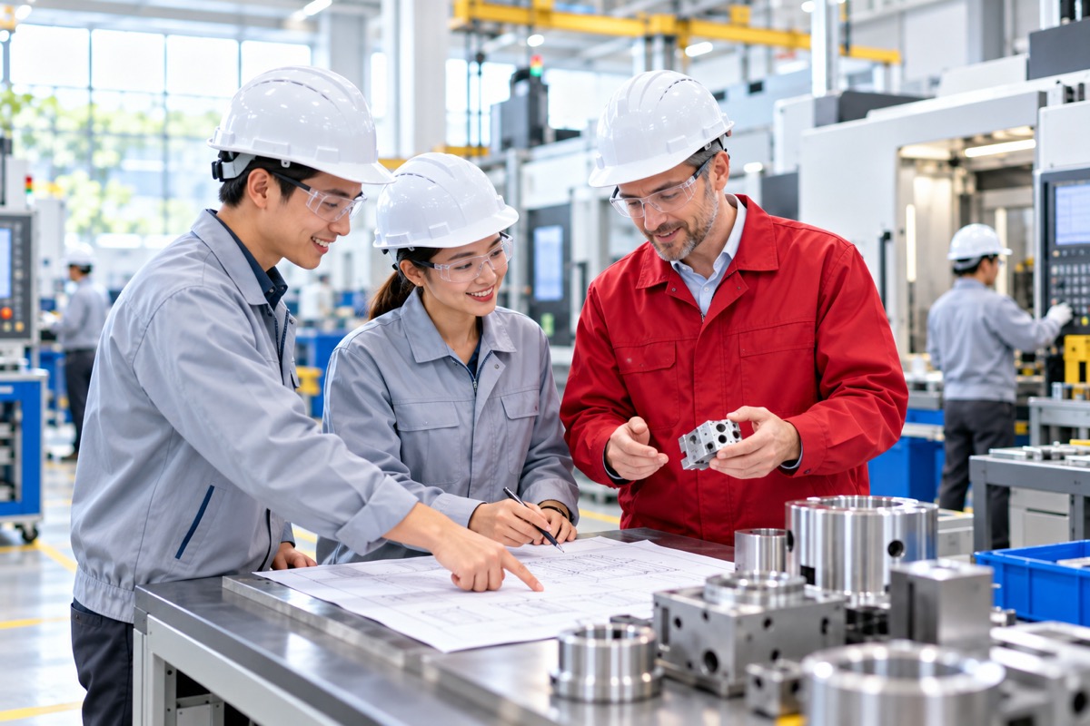 Engineers in hard hats and safety glasses reviewing technical drawings and machined parts in a Vietnamese machine shop (AI-generated illustration)