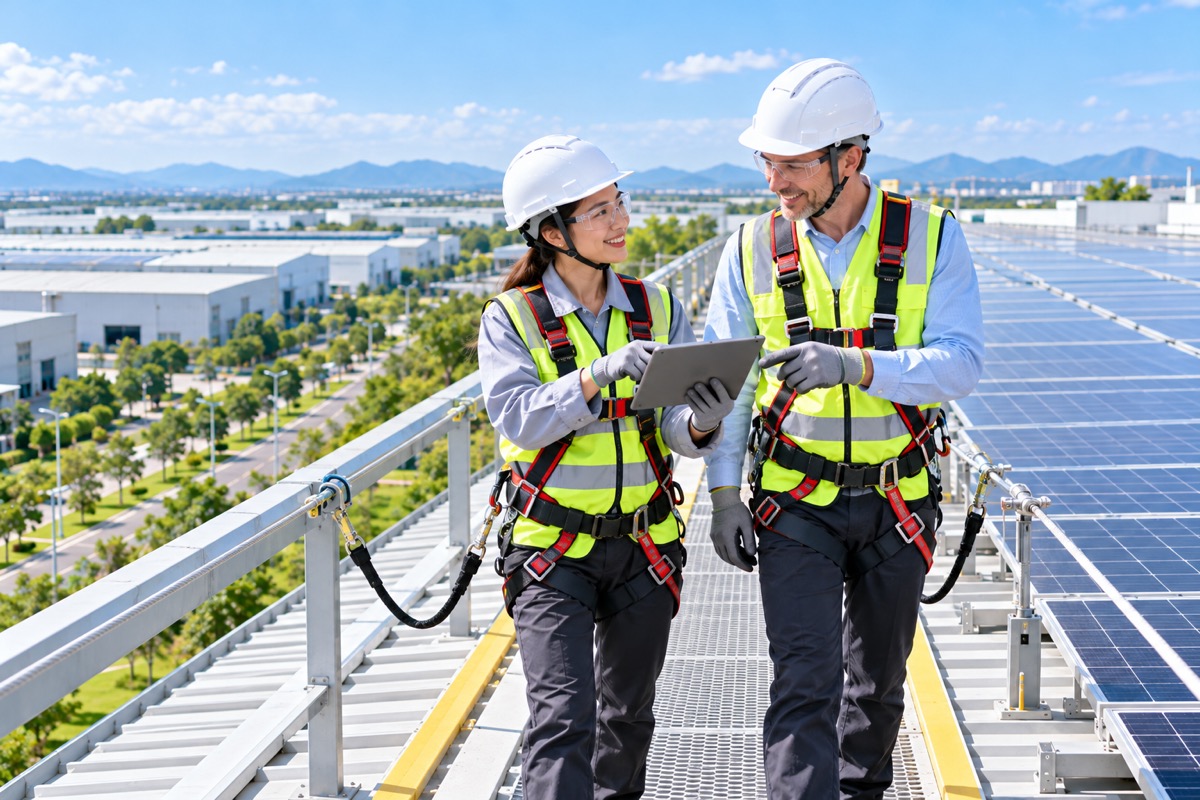 Engineers in hard hats and fall-arrest harnesses inspecting rooftop solar panels at an industrial park in Vietnam (AI-generated illustration)
