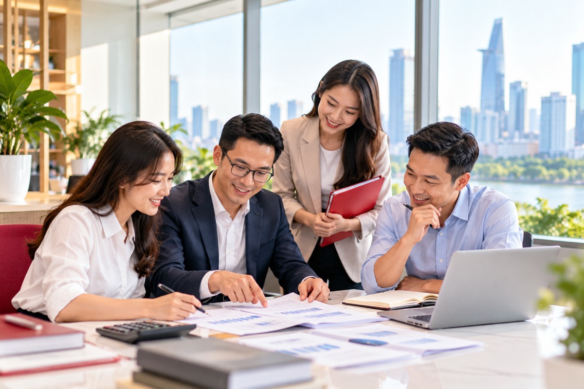Finance and tax team reviewing figures in a sunlit Ho Chi Minh City office (AI-generated illustration)