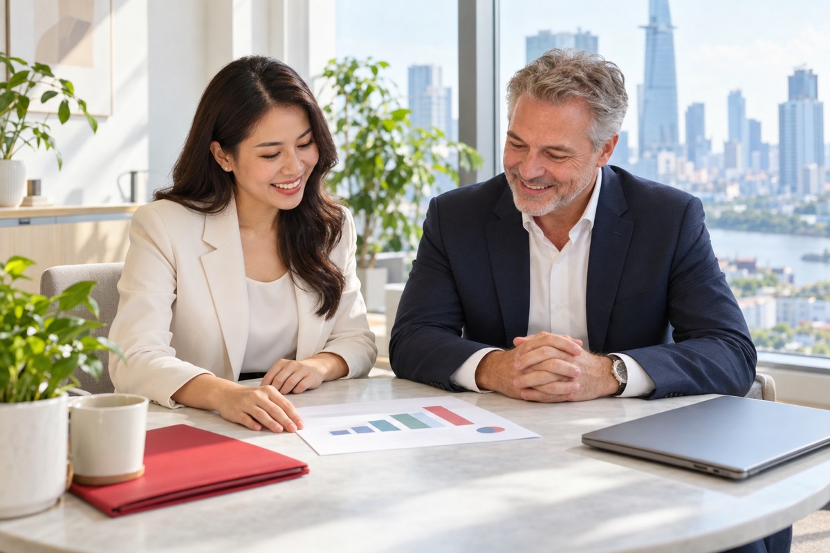 Tax adviser reviewing financial reports with a CFO in a Ho Chi Minh City office (AI-generated illustration)