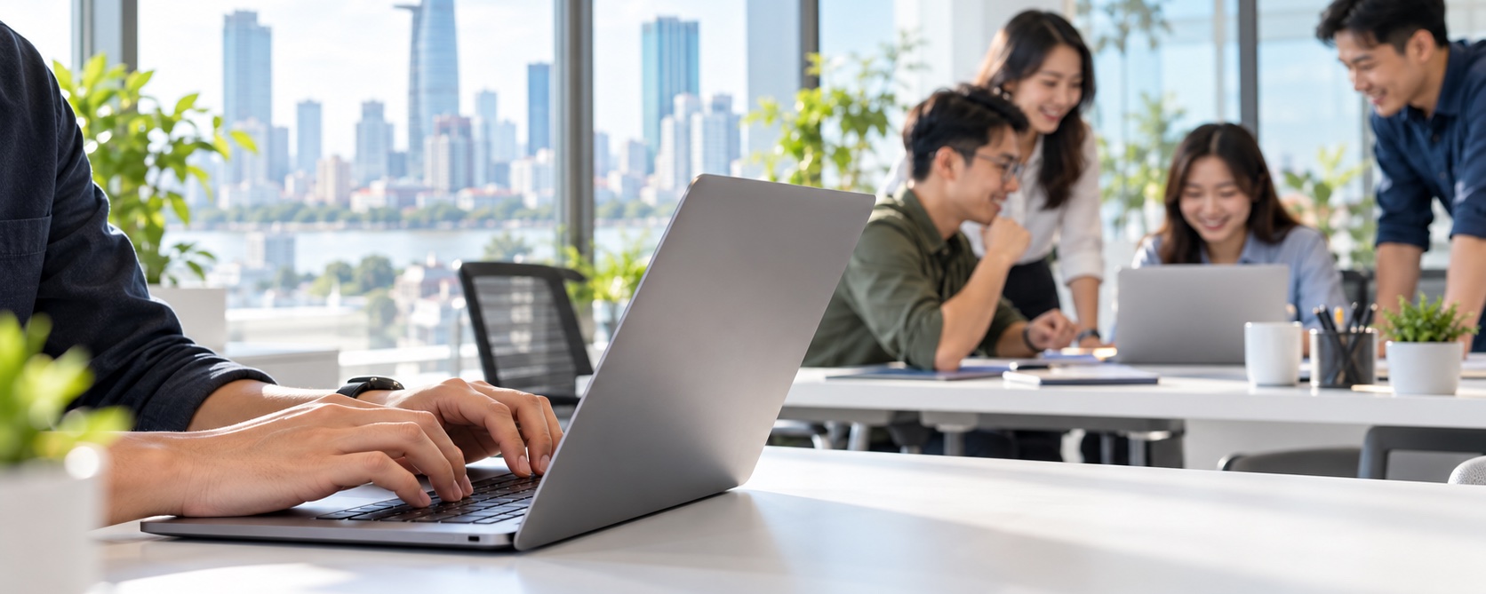 Software engineers collaborating in a bright Ho Chi Minh City tech office (AI-generated illustration)