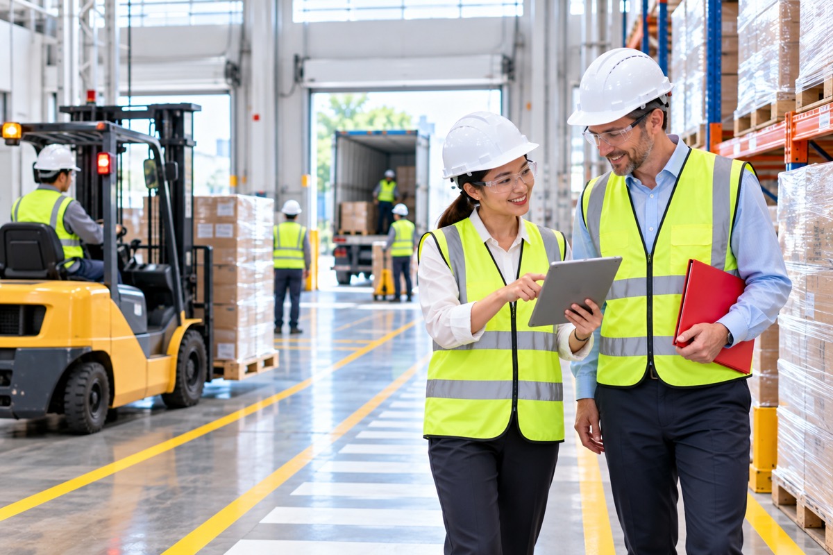 Logistics managers in hard hats and high-visibility vests checking inventory in a modern warehouse in Vietnam (AI-generated illustration)