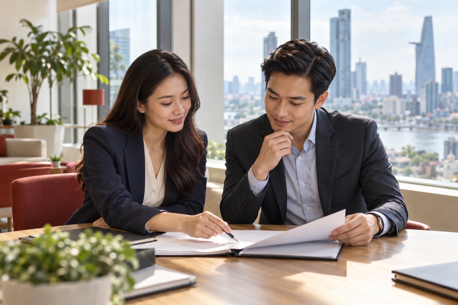 Two Vietnamese professionals reviewing documents in a bright Ho Chi Minh City office (AI-generated illustration)