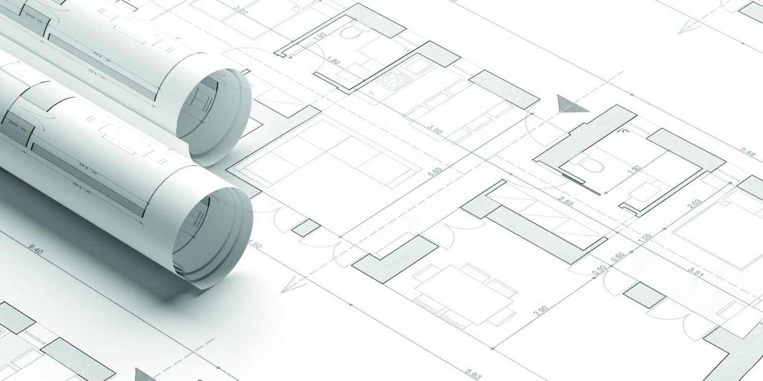 Building project blueprint plans. Real estate, construction concept. Architecture design, banner. 3d illustration