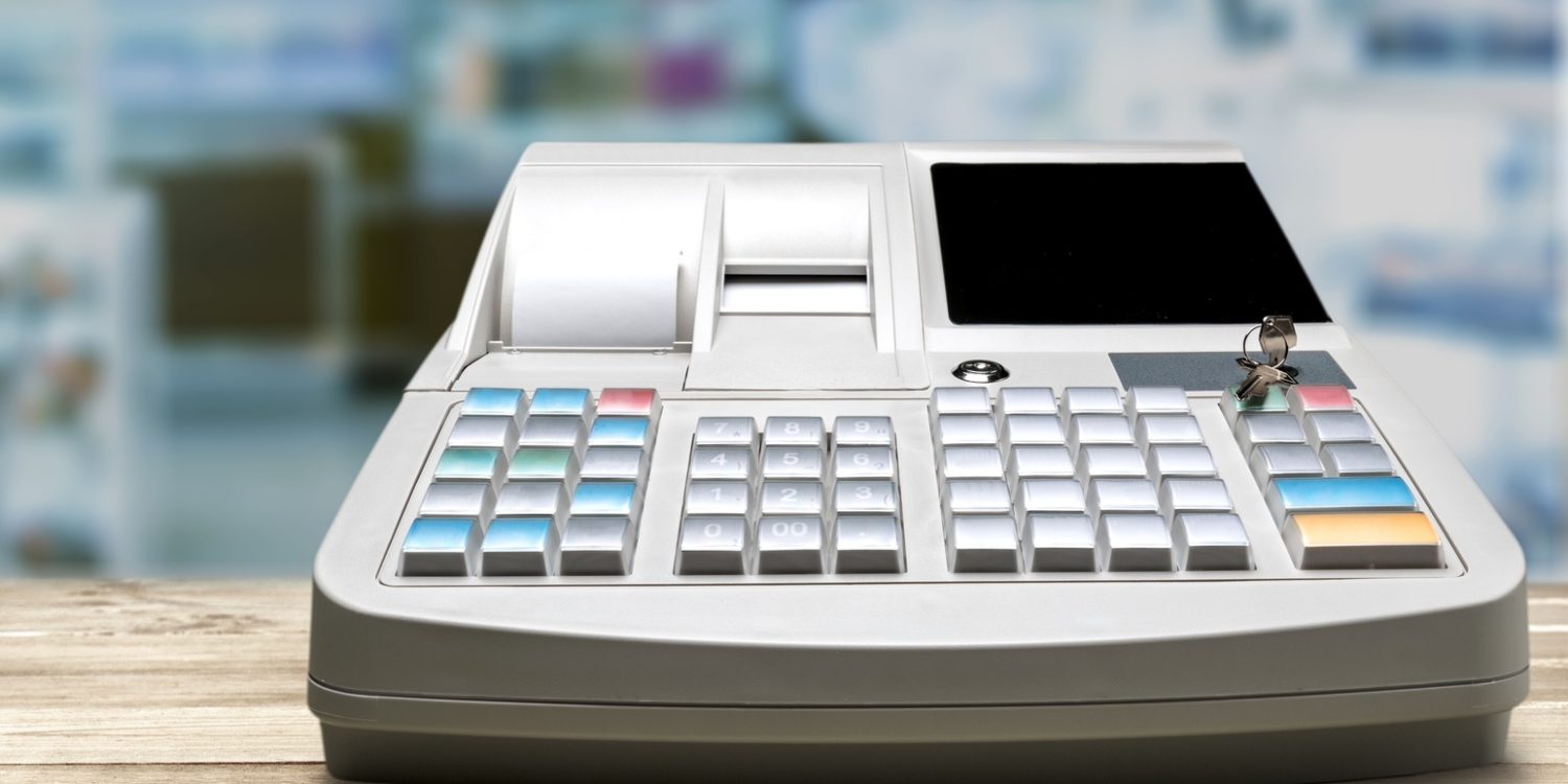 Cash register with LCD display on background